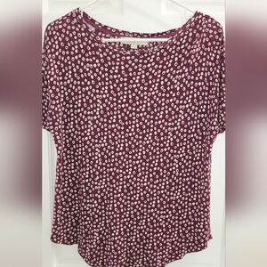LOFT Maroon and White Polka Dot Short Sleeve Tee